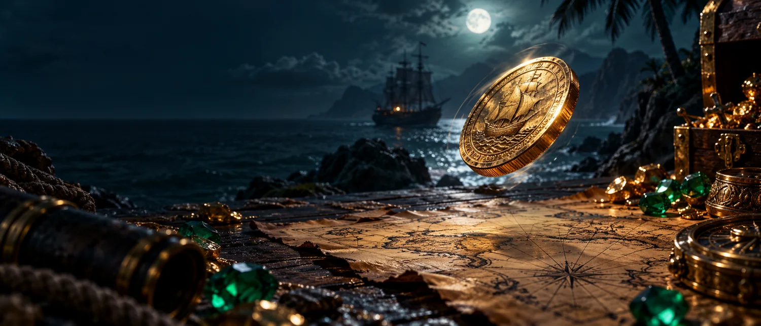 Original gold coin suspended above a pirate map on a moonlit coast