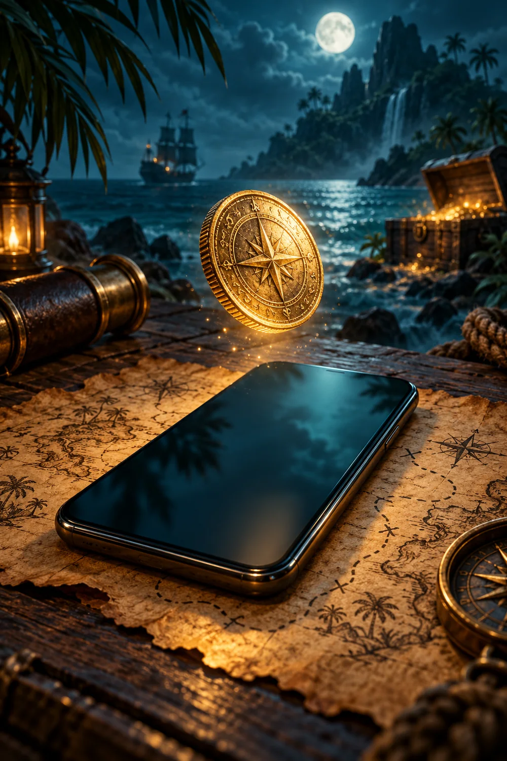 A gold coin above a phone on a nautical chart beside a compass
