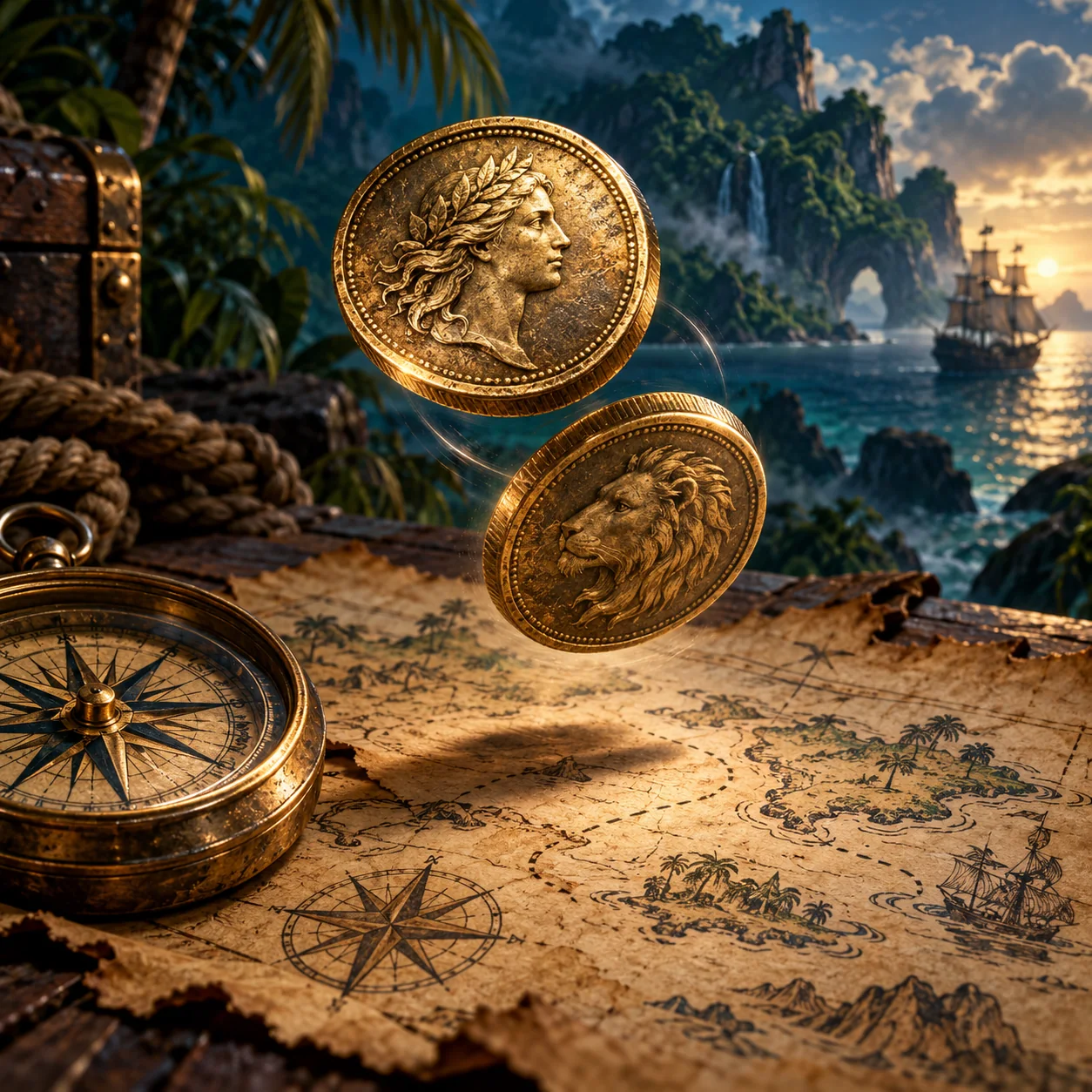 Two antique coin faces suspended above a pirate map and compass